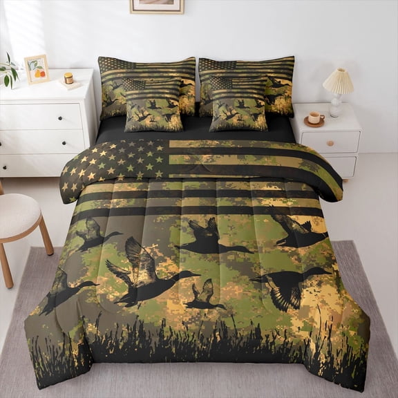 Manfei Mallard Duck 7-Piece Twin Bedding,Rustic Farmhouse Bedding Comforter Set,Pixeled Camouflage Decor,Black Reversible