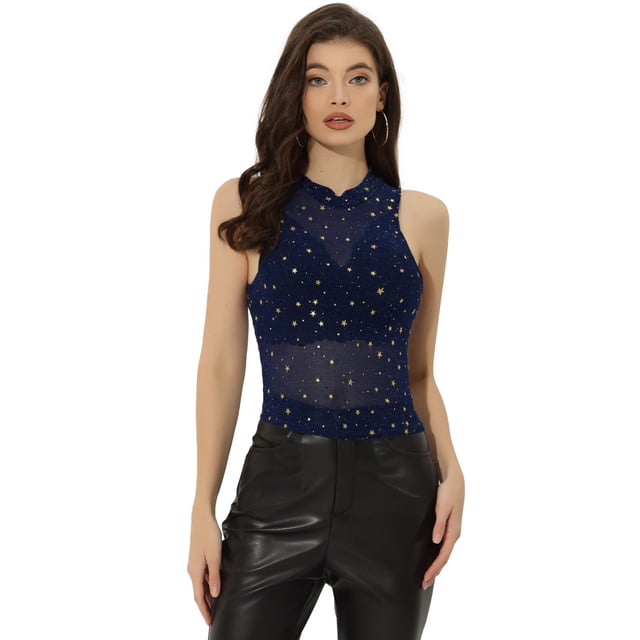 Top corto de malla con estrellas para mujer, cuello alto, sin mangas, transparente, camiseta sin mangas para fiesta Azul oscuro S