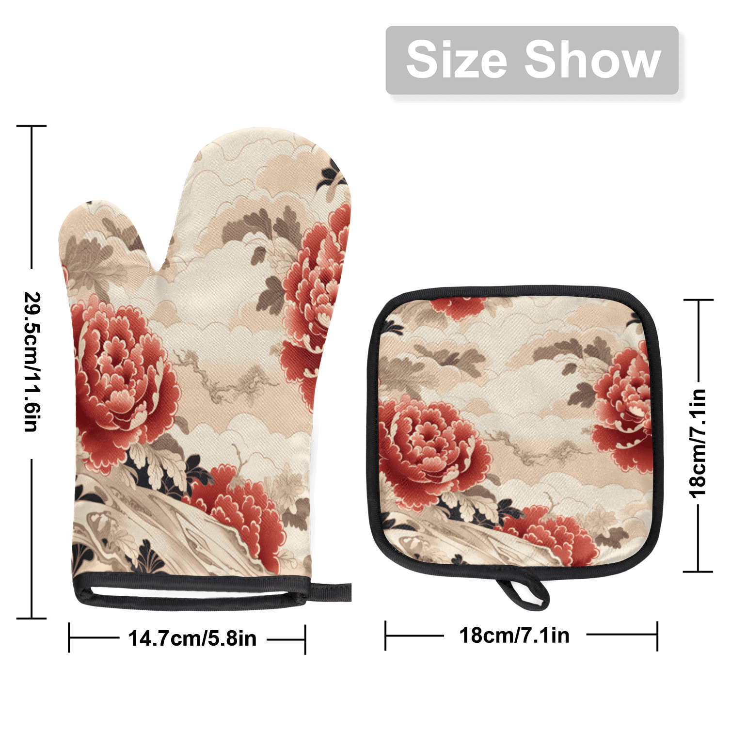 CURLYOOT Vintage Flower Japanese Oven Mitts and Pot Holders Sets of 2, Non-Slip Washable Hot Pads and Oven Gloves for Kitchen Cooking Baking