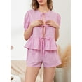 thumbnail image 4 of Musuos Women’s Summer Casual 2 Piece Outfits Puff Sleeve Tie Knot Front Tops + Elastic Waist Shorts Set Loungewear, 4 of 9