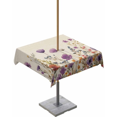 nqOlkjepod Purple Red Spring Floral Outdoor Tablecloth with Umbrella Hole & Zipper Watercolor Botanical Summer Flowers Square Table Cover 60x60 Inch Waterproof Table Cloth Protector for Patio