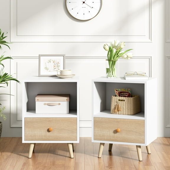 JAXPETY Set of 2 Mid-Century Modern Nightstand, Bedside Table with Drawer & Open Shelf for Home Office, White and Natural