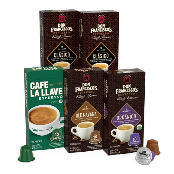 Don Francisco's and Cafe La Llave Espresso Capsule Variety Pack - 50 Recyclable Aluminum Pods Compatible with Nespresso Originalline - Premium Coffee with 4 Flavors and Intensities