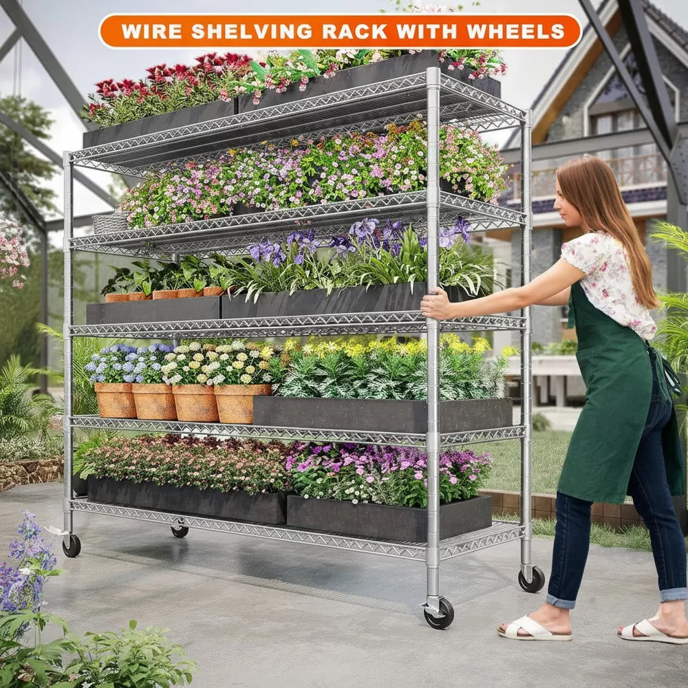 Sailvan 5-Tier Heavy Duty Metal Storage Rack with Wheels, 3000LBS Adjustable Wire Shelving Unit for Garage, Pantry, Kitchen, 18"D x 60"W x 82"H,Silver