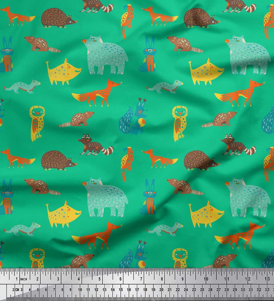 Picture of Soimoi Green Silk Fabric Bird & Animals Cartoon Print Fabric by the ...