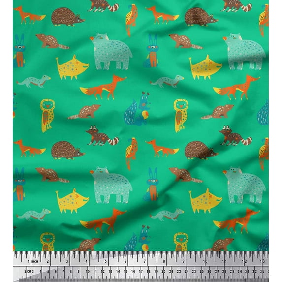 Soimoi Green Georgette Viscose Fabric Bird & Animals Cartoon Print Fabric by Yard 42 Inch Wide