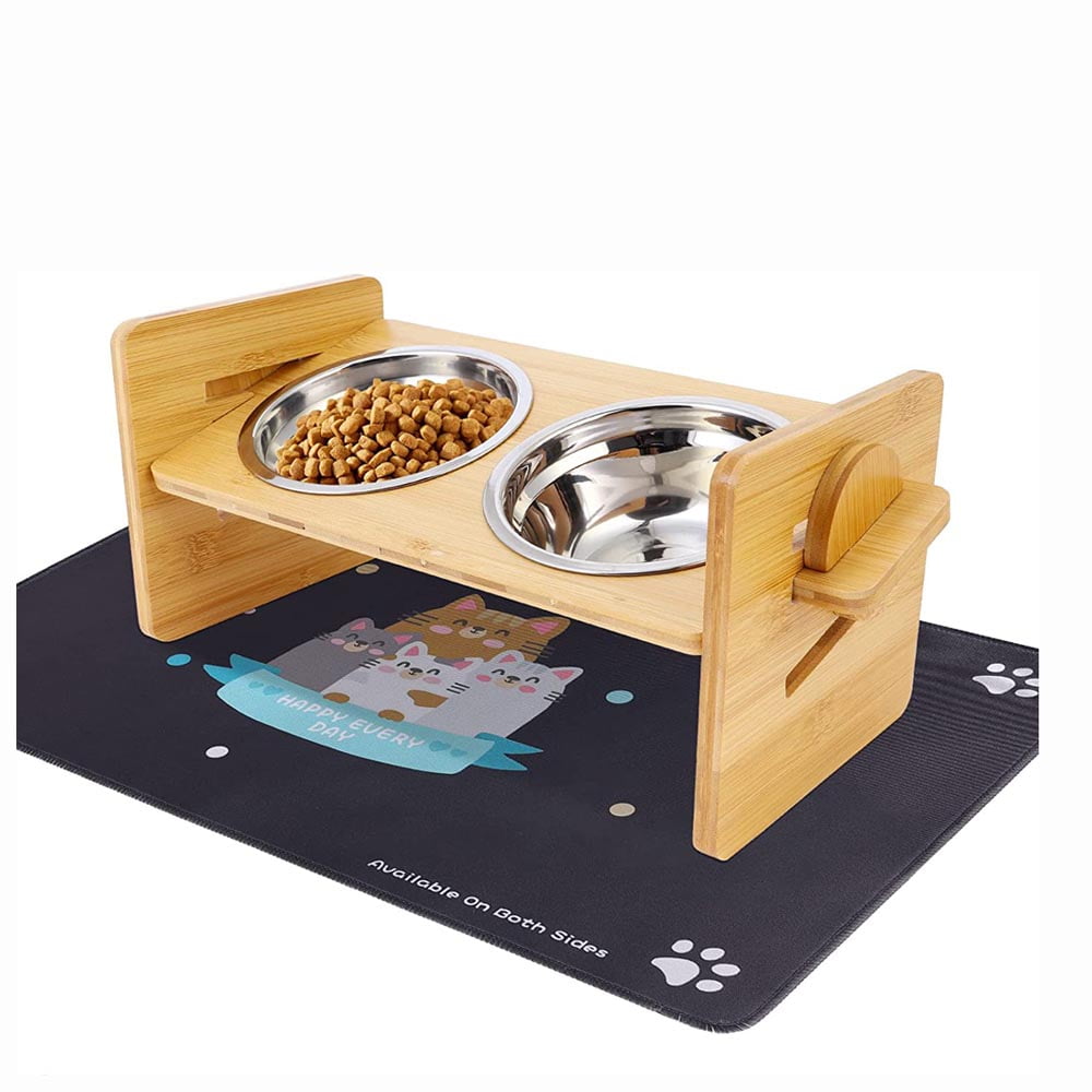 Adjustable Bamboo Frame Height Cat And Dog Food Bowls, 2 Stainless
