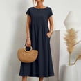 thumbnail image 2 of Laqbezok Women's Cotton Linen Blend Midi Dress, Short Sleeve Empire Waist Casual Sundress, A-Line Flowy Summer Gown with Pockets, 2 of 5
