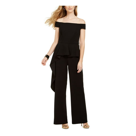 ADRIANNA PAPELL Womens Black Short Sleeve Off Shoulder Evening Straight leg Jumpsuit 8