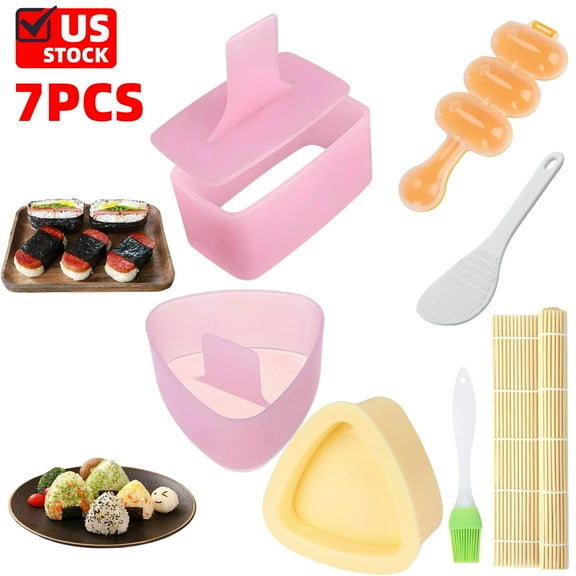 Onigiri Rice Ball Mold Maker Kit 7 Pack , Musubi Press, Classic Triangle Shake Sushi Roller Mat Tool Lunch and Home DIY, Non-stick, BPA-Free