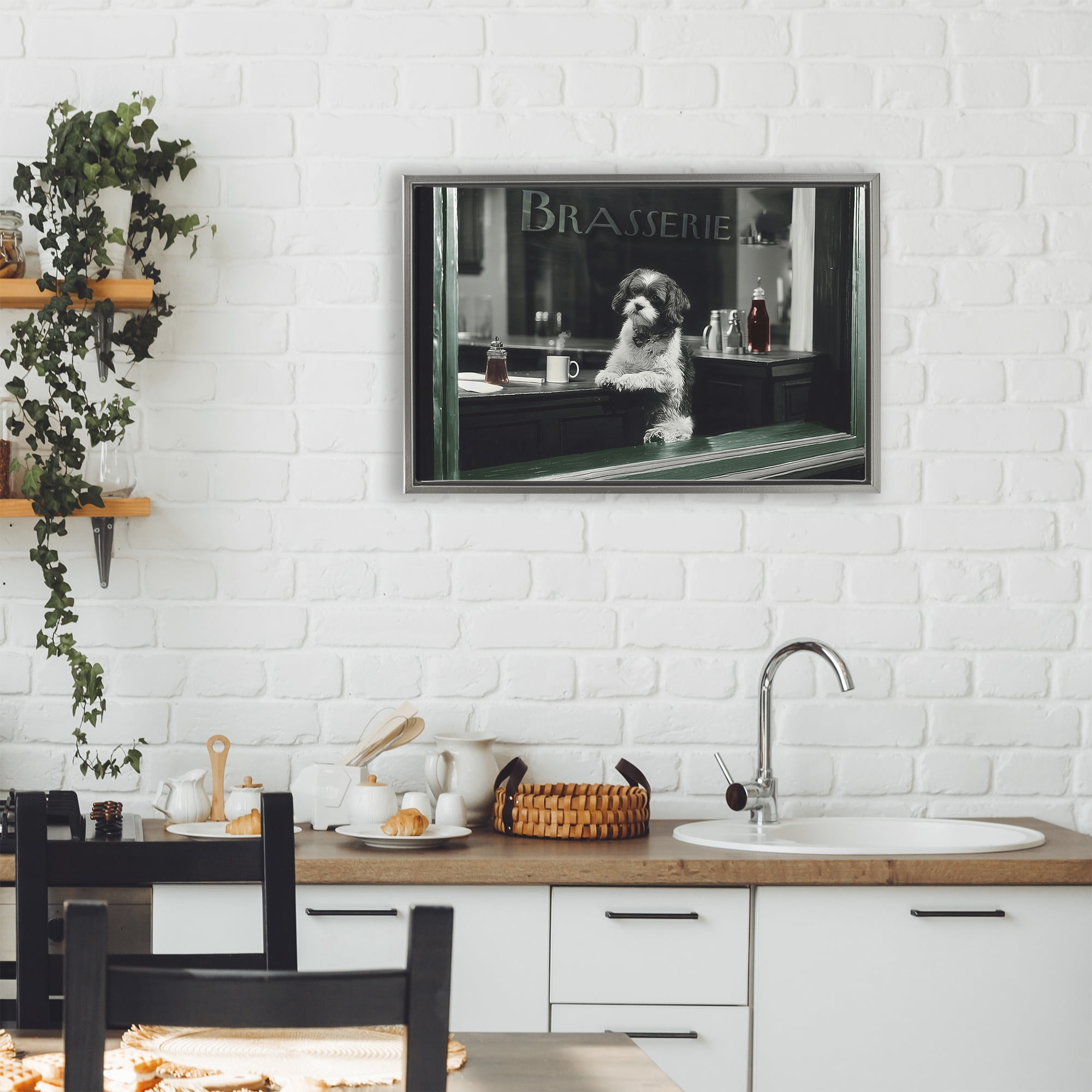 Stupell Industries Brasserie Vintage Dog in Window Gray Framed Floater Canvas Wall Art, design by Annabelle Hall