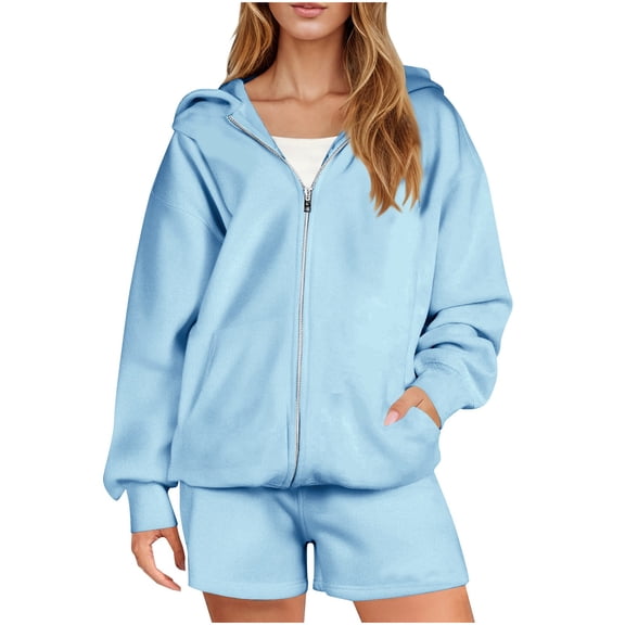 Costeam Womens Full Zip Hoodie 2 Piece Loungewear Set Side Hand Pockets Elastic High Waist Solid Color Oversized Sweatshirt Short Casual Tracksuit Outfit
