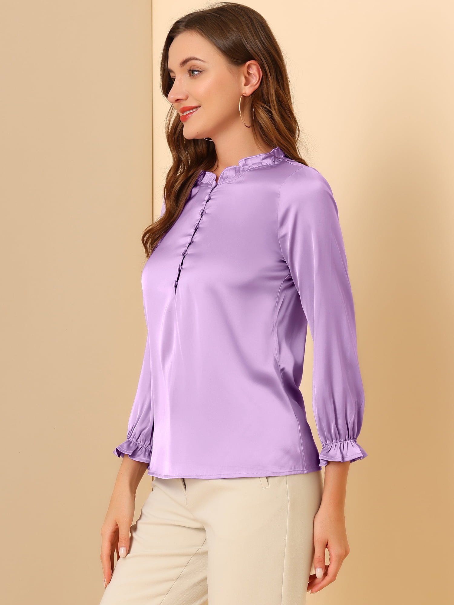 DARING DIVA Elastic Cuff Button Work Office Blouse M Lavender