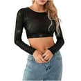 thumbnail image 2 of Spring Tops for Women Womens Long Sleeve Tops Cropped Women's Sexy and Fashionable Beaded T-shirt with Sequins Solid Color Exposed Navel Long Sleeved Top Black S, 2 of 6