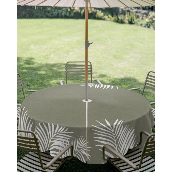 Outdoor Tablecloth with Umbrella Hole, Summer Palm Leaf Zippered Table Cloth for Square Tables, Tropical Leaves on Sage Green Washable Waterproof Tablecloths for Picnic Patio Garden