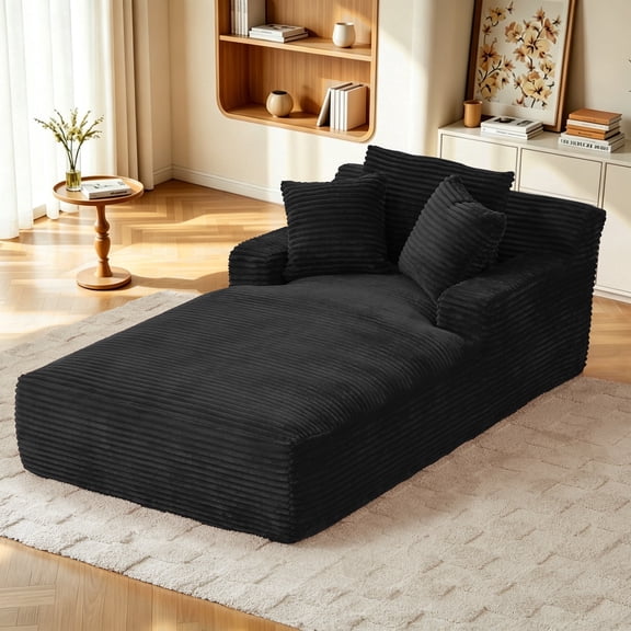 FFH 78.7" Oversized Chaise Lounge Chair, Corduroy Sofa Bed with 3 Pillows, Boneless Sleeper Chair for Living Room, Bedroom, Black
