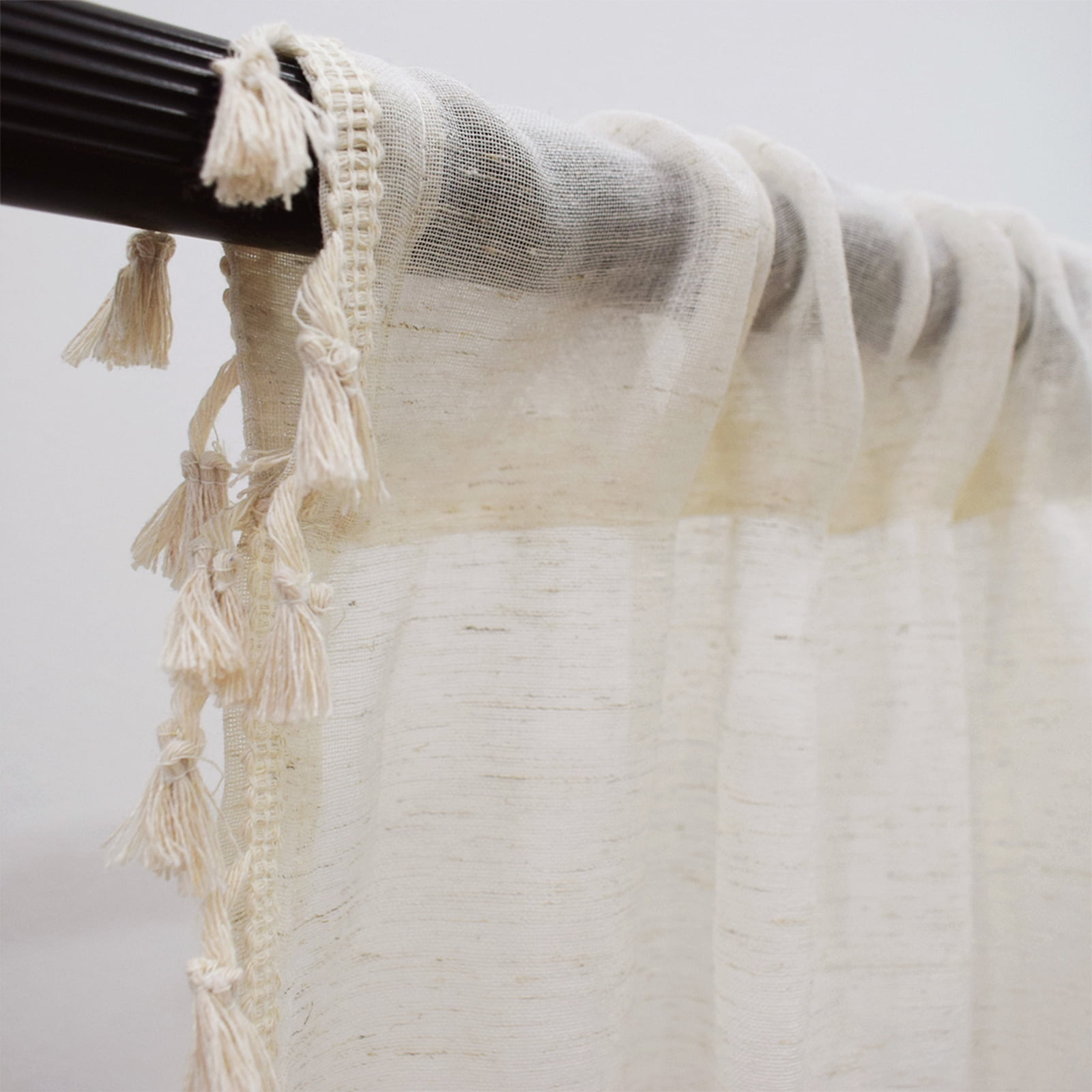 Lapalife Tassel Sheer Curtain Rod Pocket Boho Farmhouse Linen Window Drapes for Living Room Bedroom Decor, Sigle Panel, 52"x 84", Cream