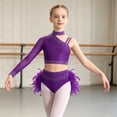 thumbnail image 5 of iiniim Girls Hip Hop Jazz Dance Outfits Rhinestones Crop Top and Ruffles Feather Skirt Set Purple 14, 5 of 7