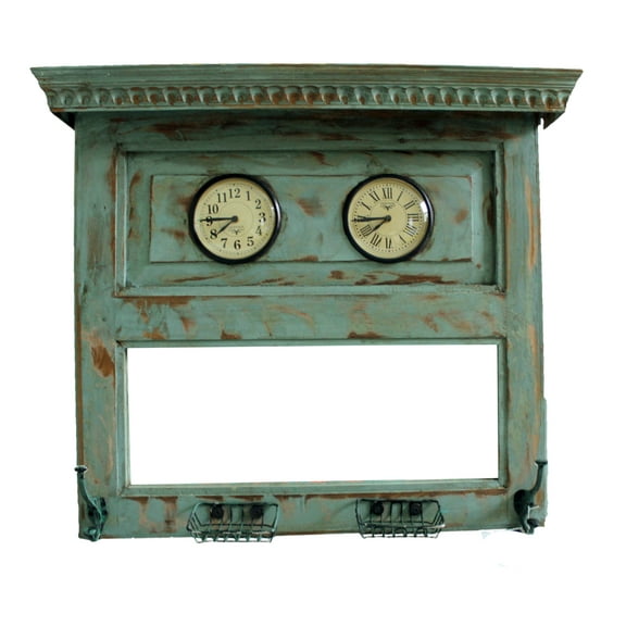 Dual Dial Wooden Wall Clock With Mirror, Blue