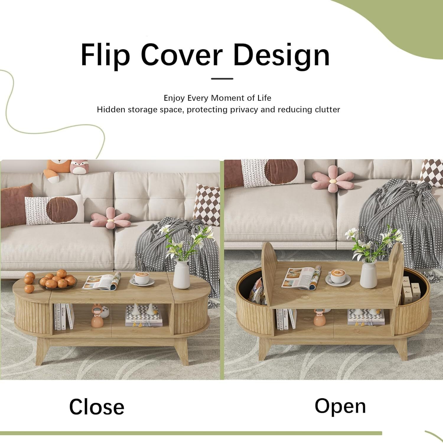 Fluted Coffee Table with Storage, Modern Coffee Tables, Wood Accent Center Table