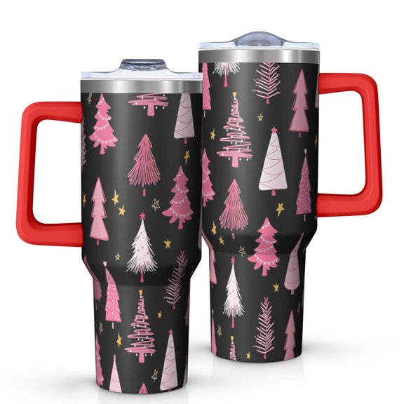 Black and Pink Christmas Tree Pattern Tumbler with Handle and Lid,40oz Double Wall Vacuum Insulated Tumbler,Cups Gift for Women and Men