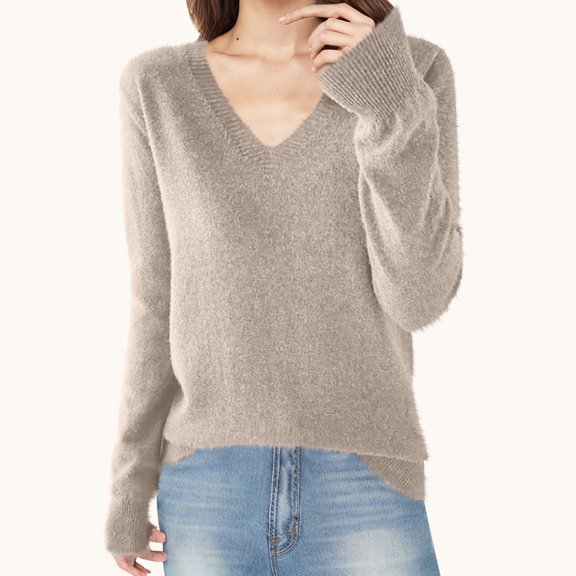 Juslio Women Sweaters Pullovers Tops for Women Solid V Neck Long Sleeve Knit Beige