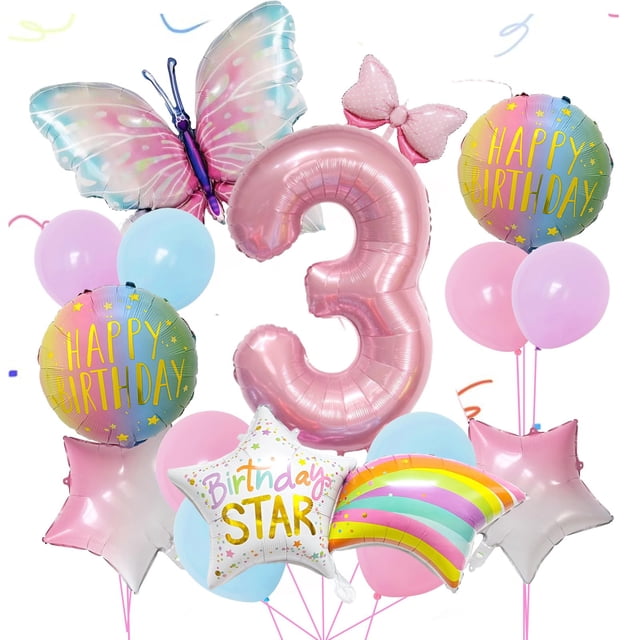 JKGOO Set de globos rosa de mariposa para cumpleaños, número 3 de 81 cm