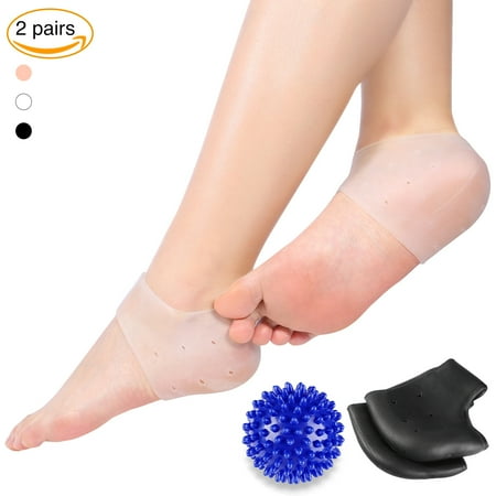 Plantar Fasciitis Gel Heel Protectors Heel Pads Kit,Cushions (White+Black) +1 Foot Massage Ball
