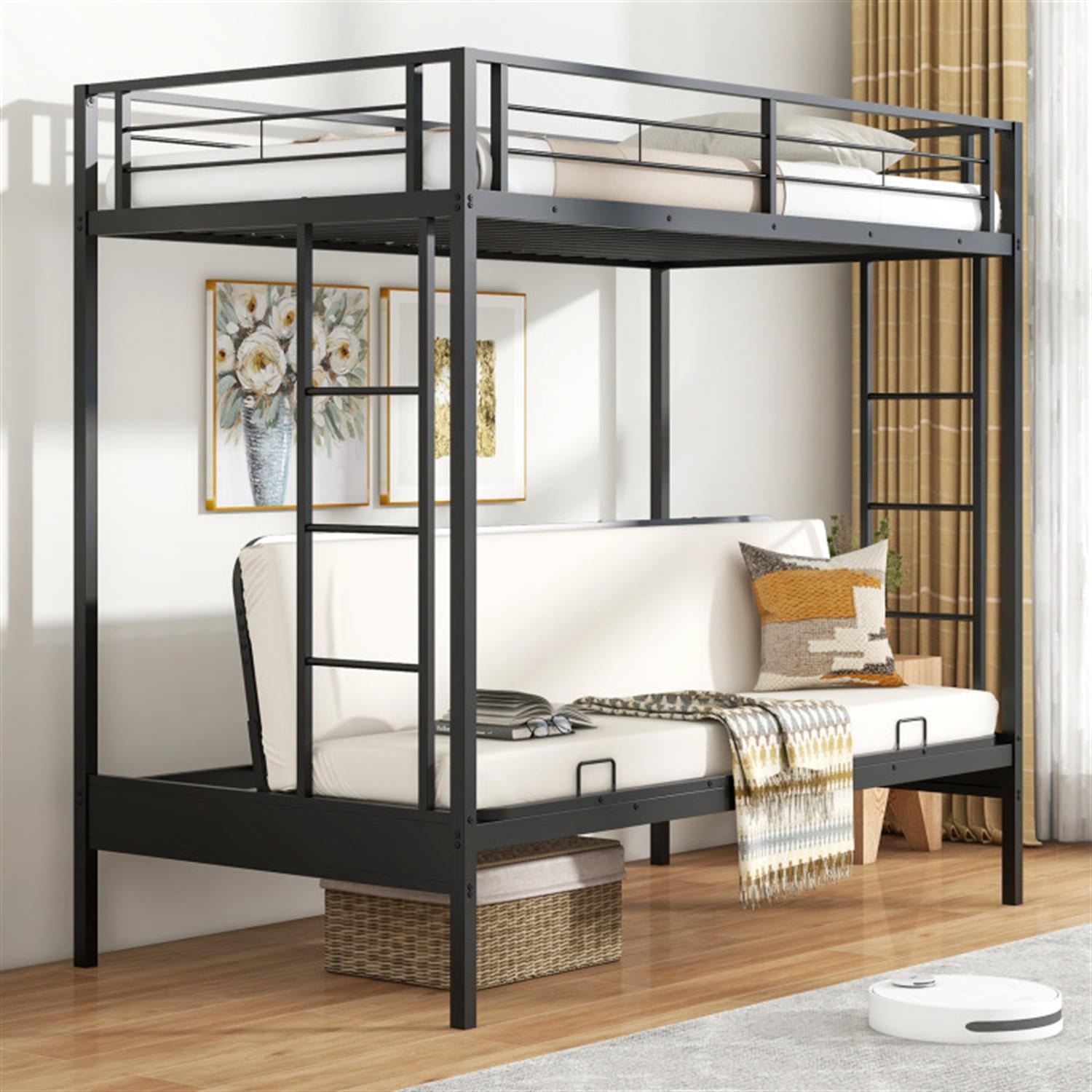 Demi Bonn Twin Over Futon Bunk Bed with 2 Ladders and Safety Guardrails, Metal Bunkbeds for Bedroom, No Box Spring Needed, Black