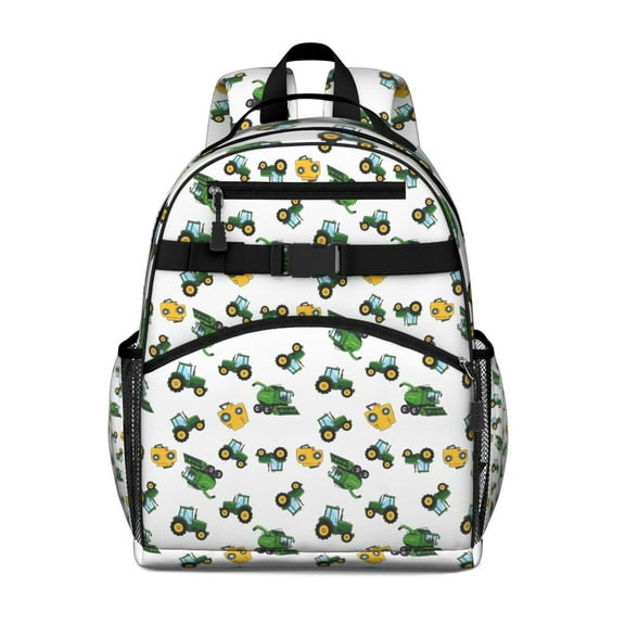 Cartoon Tractors Green White Pattern Backpack for School,Cute School Bag,Schoolbag with Adjustable Shoulder Straps & Padded Back,15.25"x11.5"x5.25"
