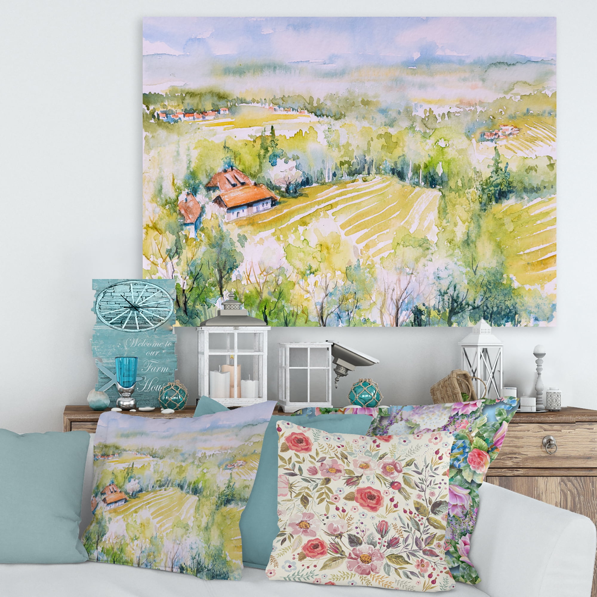 Designart ' Abstract Blossoming Green Fields In Countryside ' Country Canvas Wall Art Print
