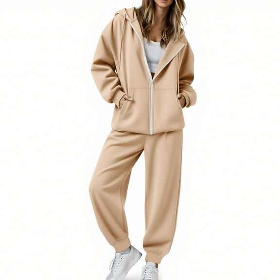 JGGSPWM Fall Outfits for Women Oversized Zip up Hoodie Sweatshirt Jogger Sweatpants 2 Piece Sweatsuits Lounge Sets Beige XL