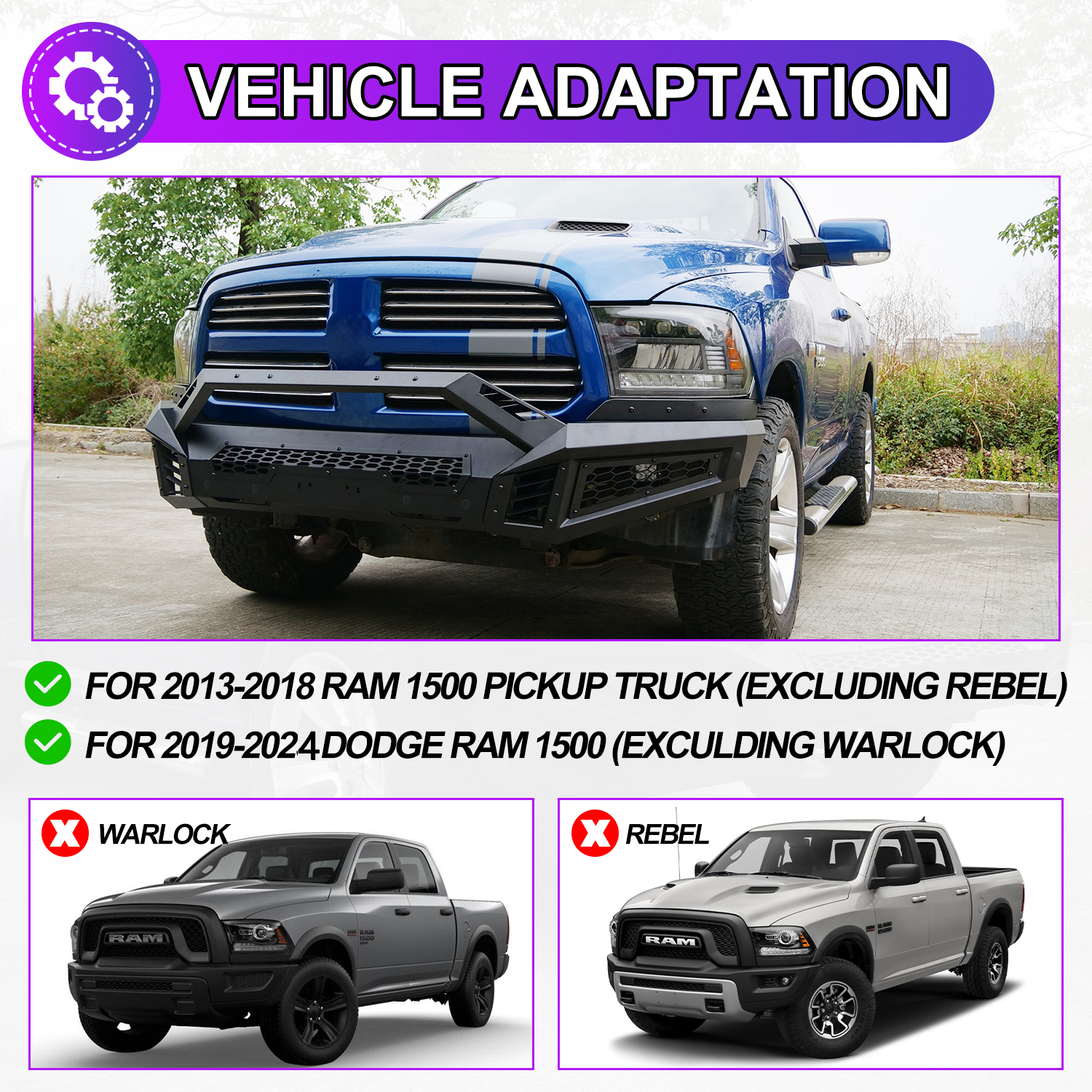 Front Bumper for 2013-2018 Dodge RAM 1500 Pickup Truck(w/o Rebel)2019-2024 Ram 1500 Classic(w/o Warlock),Paintable Bumper w/Bull Bar,LED Pod Light & Light Bar Bracket