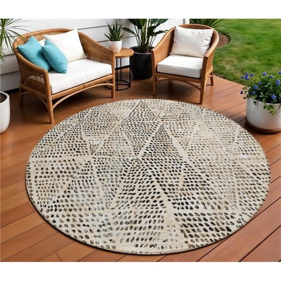 HomeRoots 577549 8 ft. Round Geometric Washable Indoor & Outdoor Area Rug, Beige, Ivory & Black