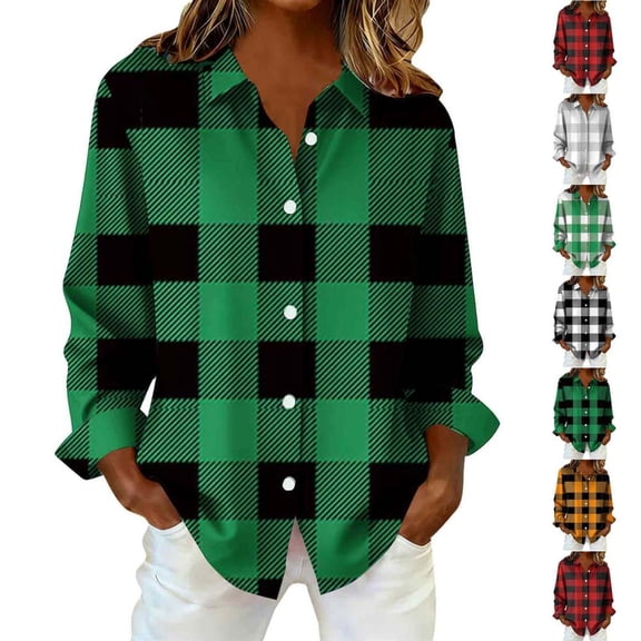 Bxsruta Women's Plaid Button Down Shirt Long Sleeve Loose Fit Casual Blouse for Daily Wear