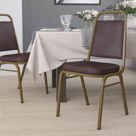 Songqin Trapezoidal Back Vinyl Stackable Banquet Chair, Multipurpose Stacking Chair with Padded Seat and Back, Brown/Gold