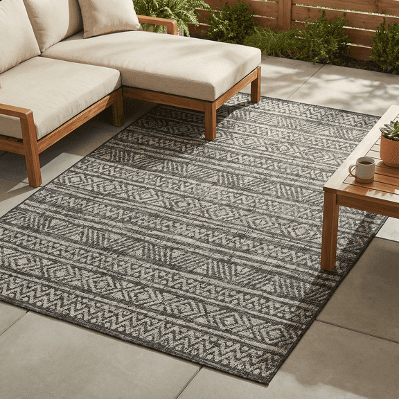 FH Home Flat Woven Outdoor Rug - Waterproof, Easy to Clean, Stain Resistant - Premium Polypropylene Yarn - Striped Boho - Porch, Deck, Balcony, Laundry Room - Amman - Charcoal - 2ft 7in x 4ft 11in