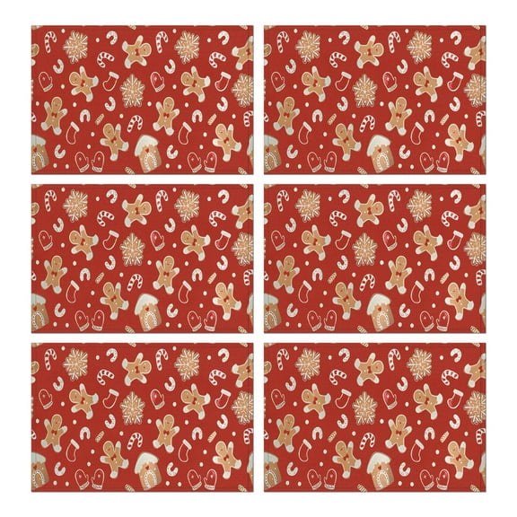 Festive Placemats Set of 6, 12x17 Inch Christmas Watercolor Design - Wipeable Vinyl Mats for Dining Table Holiday Season Decor