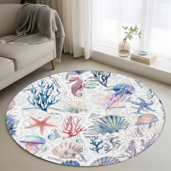 Blue Coastal Round Area Rug 3 FT, Small Kitchen Bathroom Mat, Summer Coral Shell Sea Beach Nautical Washable Indoor Outdoor Throw Runner Carpet Non-Shedding Doormat for Table Shower Sofa Entryway