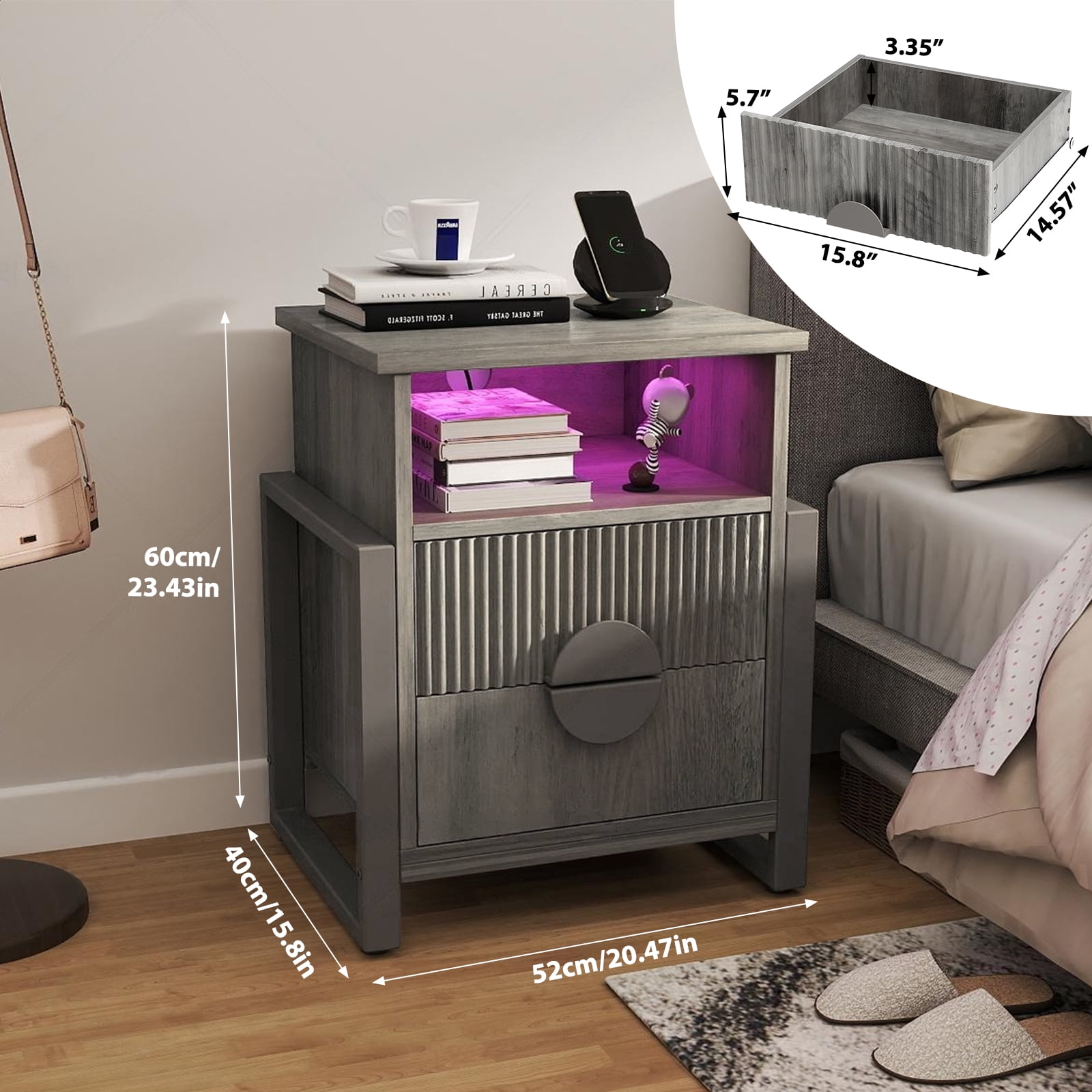 Holliwill 2-Piece Dresser Nightstand Set, Modern Bedroom Furniture Set Wide 6 Drawer Dresser & 2 Drawer Nightstands with Outlets LED Lights, Fluted Wood Chest of Drawers for Bedroom, Gray