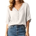 thumbnail image 4 of Zynoxe Womens Casual Cotton Linen Tops for Daily Wear Solid Color Button V-neck Short Sleeve Tops Peasant Gauze Loose Versatile Plus Size Tops White M, 4 of 8