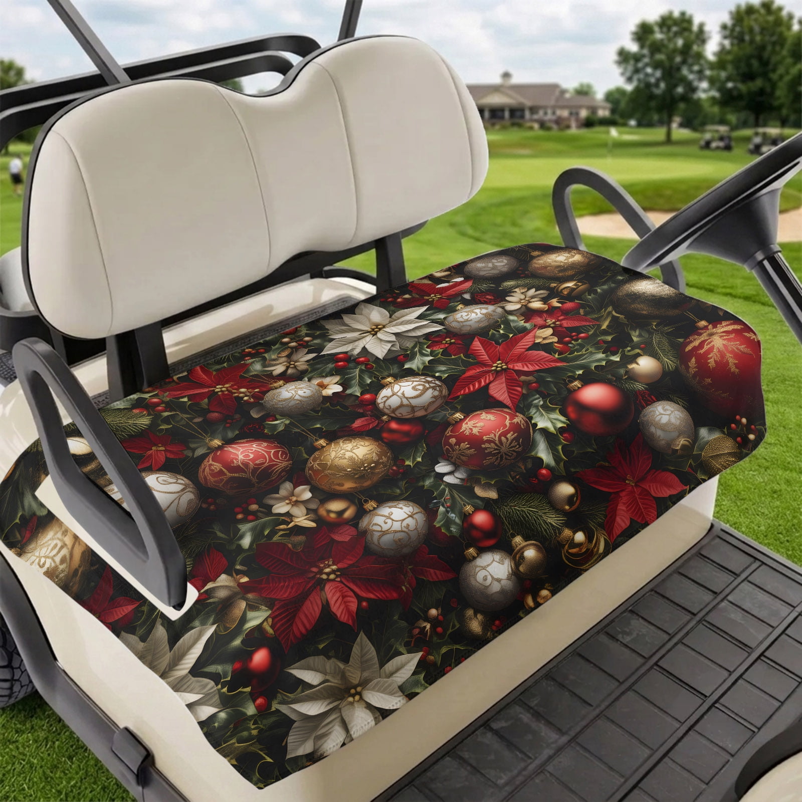 Golf Cart Seat Covers for 2 Seater Christmas Soft Microfiber Cart Seat Towel Blanket Poinsettia Xmas Balls Snowflake Absorbent Breathable Non Slip Bench Seats Protector for Golf Course 51 x31