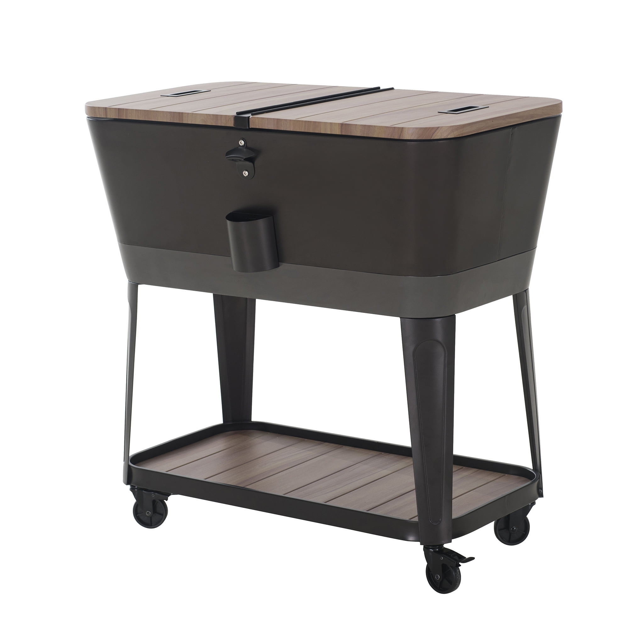 Sunjoy 80-Quart Wood Grain Finish Metal Rolling Ice Chest Cooler Cart with Storage Shelf, Steel Bottle Opener, and Lockable Wheels, Deep Silver