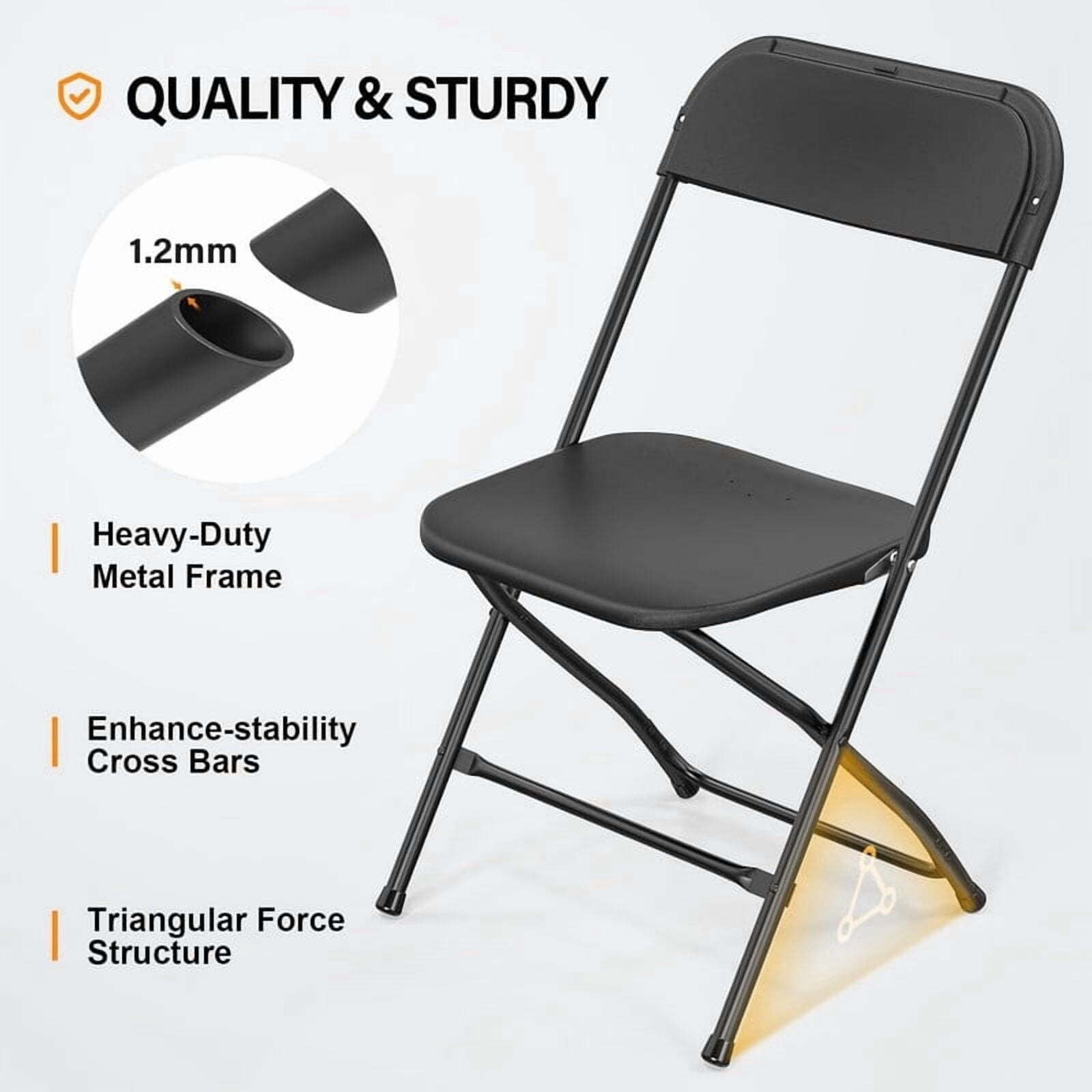 Kelno Plastic Folding Chair Set of 6 Portable Seating with Lightweight Metal Frame, Black