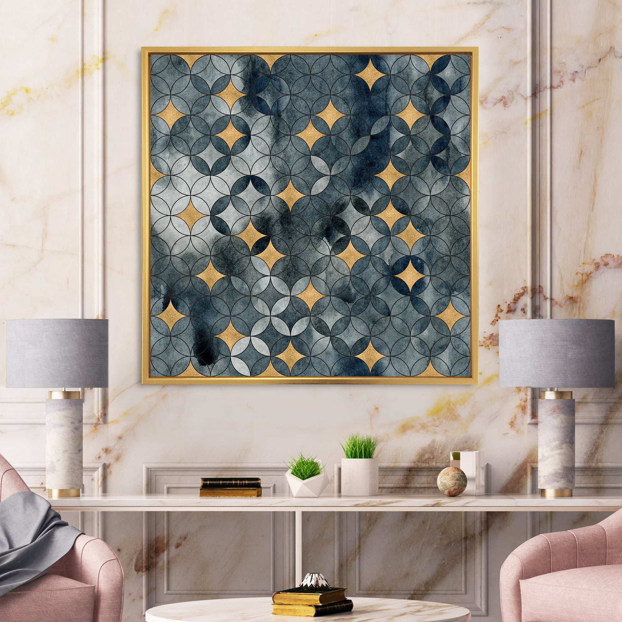 Designart 'Geometry Golden Stars With Intersecting Circles' Modern Framed Canvas Wall Art Print