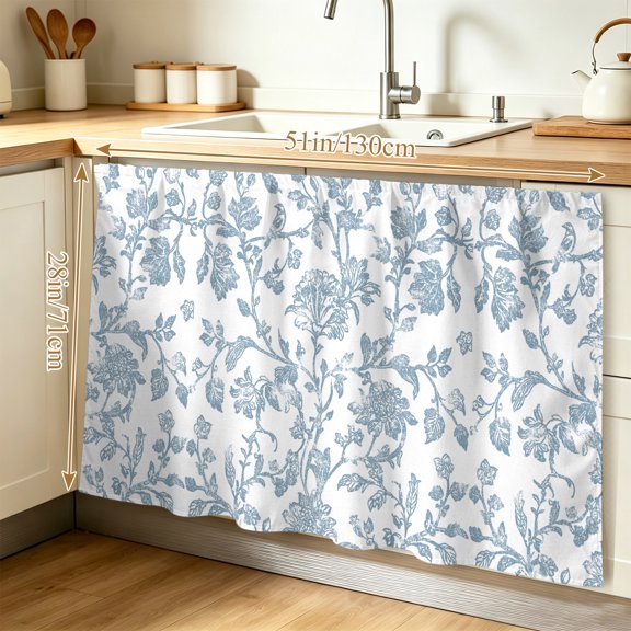 Light Blue Flower Cabinet Curtain 28"W x 51"L, Vintage Farmhouse Boho Leaf Spring Dust-Proof Privacy Curtain for Closet Shelves Self Adhesive, Sink Skirt for Bathroom Vanity Kitchen Laundry Room
