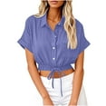 thumbnail image 3 of nerohusy Cotton Linen Cropped Shirts for Women Drawstring Waist Short Sleeve Blouse Casual Lapel Button Down Shirt with Pocket,Dark Blue,M, 3 of 7
