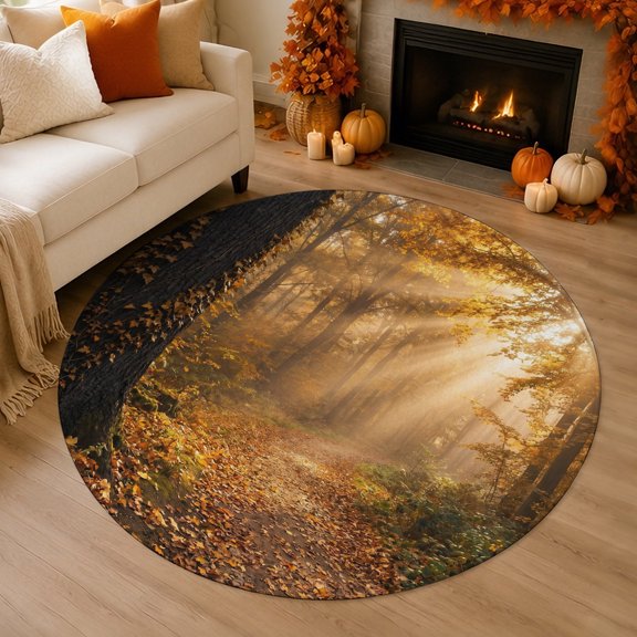 Fall Forest Landscape 3' Round Rug for Bathroom Accent Bedside Corner, Country Rustic Farmhouse Tree Leaves Washable Non Slip Soft Circle Area Rug for Small Spaces Entryway