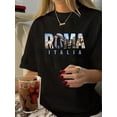 thumbnail image 1 of Camiseta de mujer de verano con Cuello RedondoWomen's Vintage-Inspired "ROMA ITALIA" Graphic Tee - Casual Round Neck, Short Sleeve, Polyester, Machine Washable - Black with Roman Landmarks PrintFath, 1 of 6