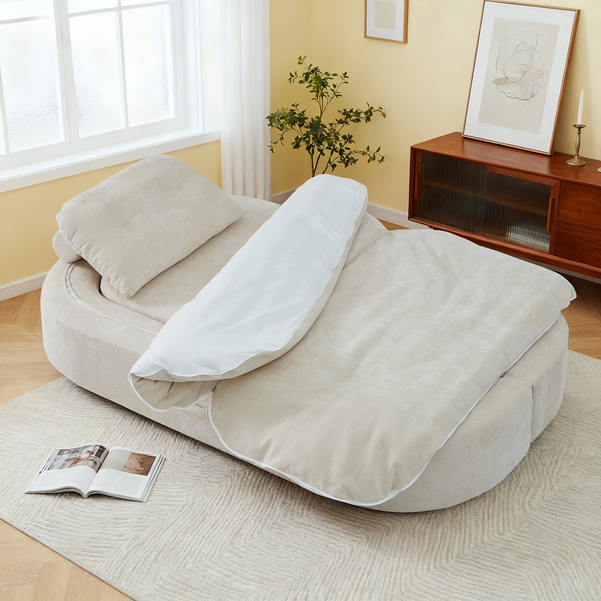 Jopath Sleeper Sofa Bed with 2 Pillows,Corduroy Convertible Futon Sleeper Sofa Couch,Modern Floor Sofa Bed,Folding Mattress for Living Room,Small Spaces,Beige
